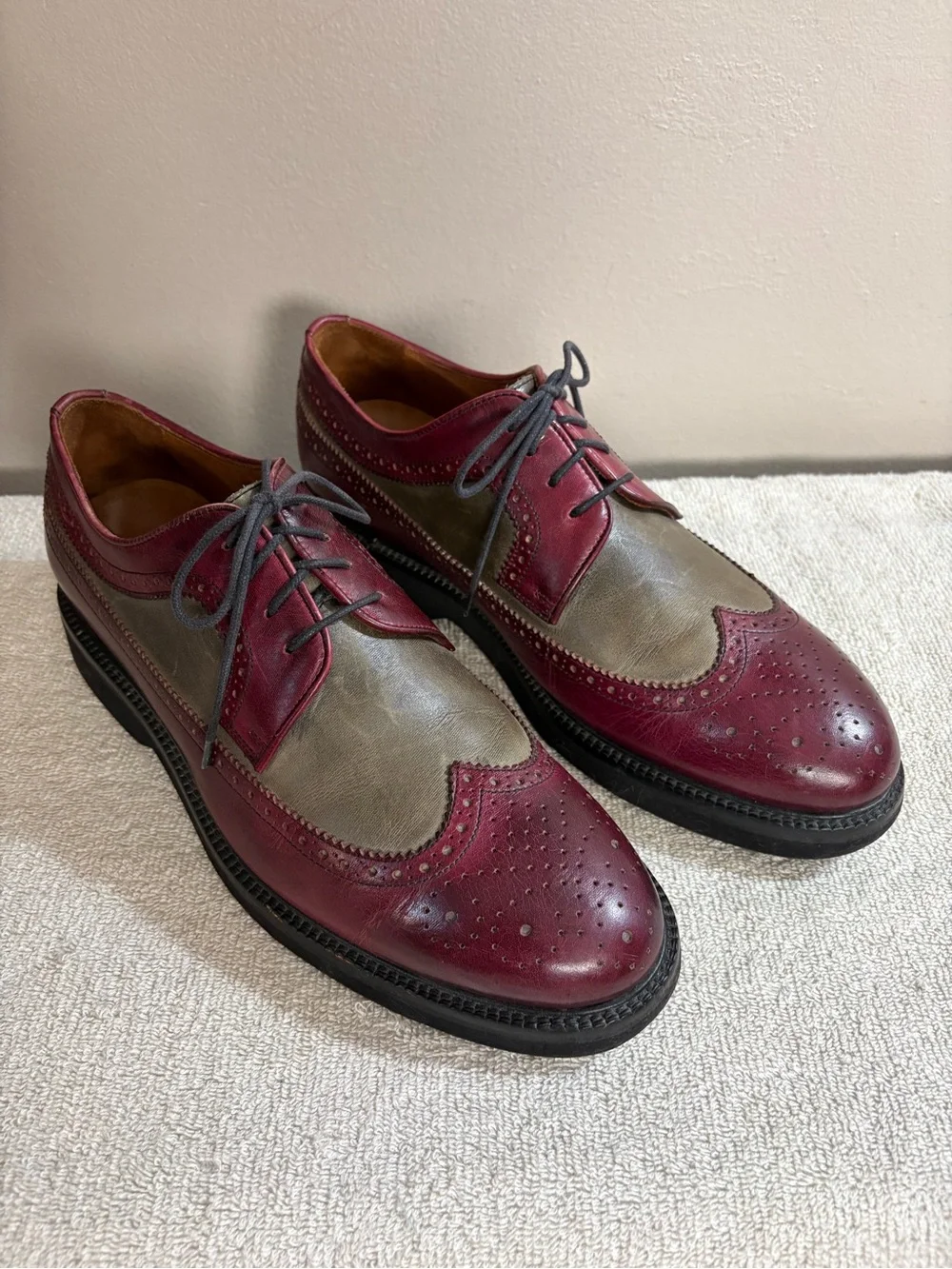 Men's EREDI GRILLI ROMA Burgundy & Grey Leather WINGTIP Derby OXFORDS Shoes  11